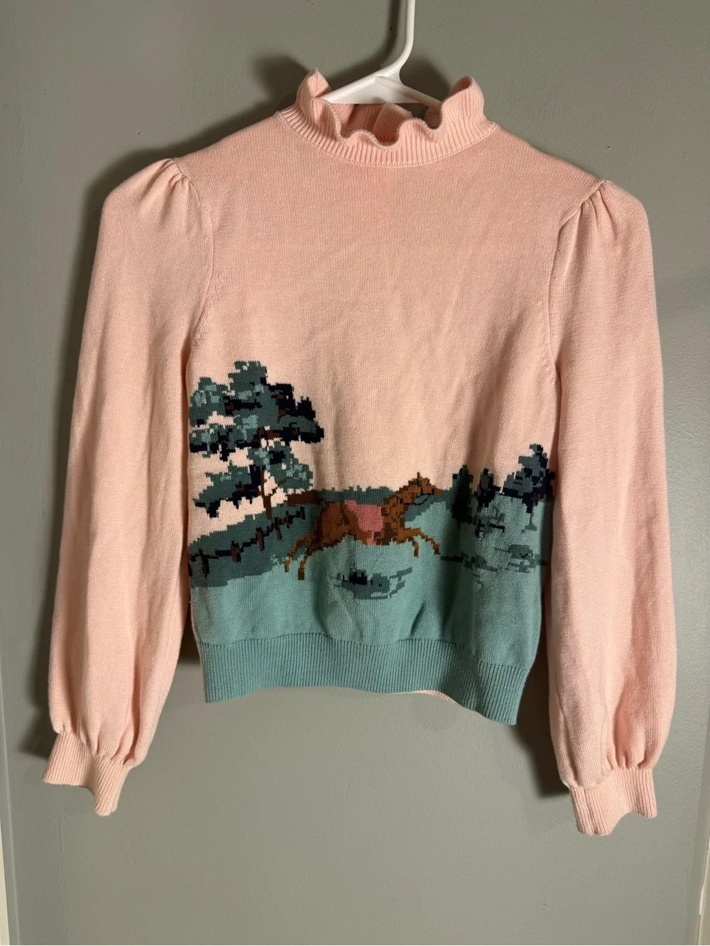 Janie and Jack Horse Scene Sweater Pink Puff Sleeve Mock Neck Size 10